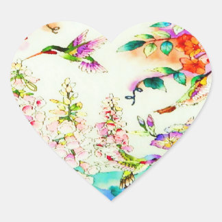 Sticker Cœur Paysage des colibris et des fleurs roses