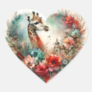 Sticker Cœur Paysage fleuri aquarelle safari girafes