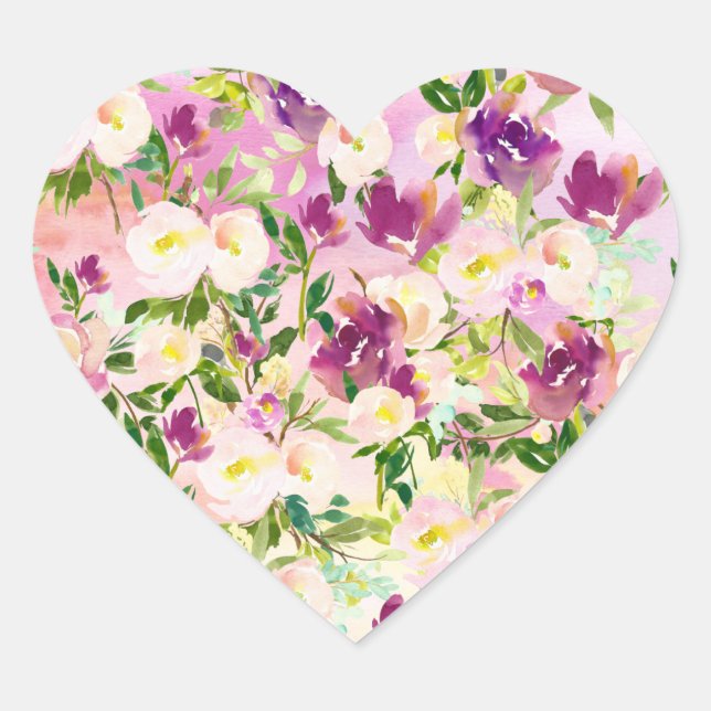 Sticker Cœur Peach rose Purple Bourgogne Aquarelle Florale (Devant)