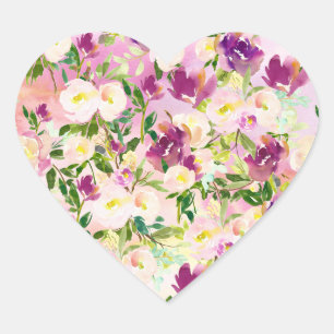 Sticker Cœur Peach rose Purple Bourgogne Aquarelle Florale