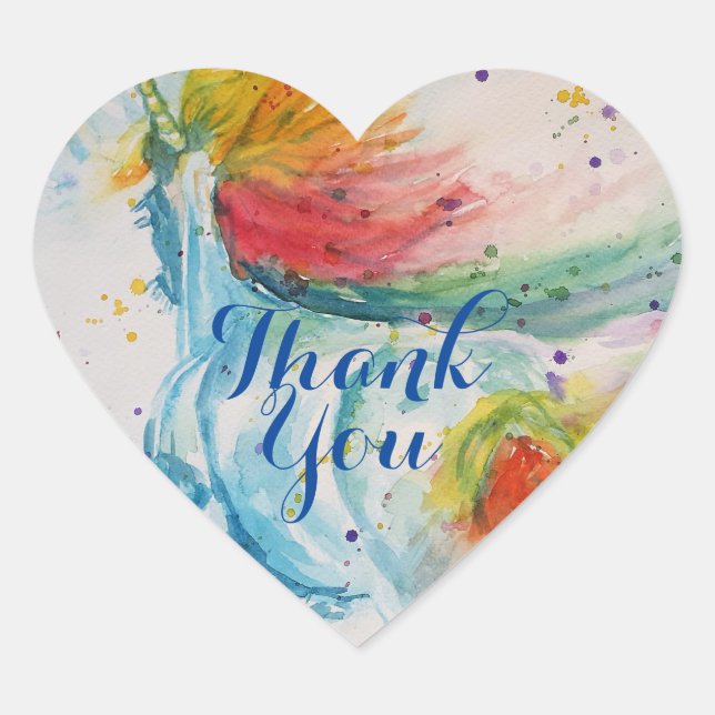 Sticker Cœur Peinture Unicorne Happy Merci aquarelle (Devant)