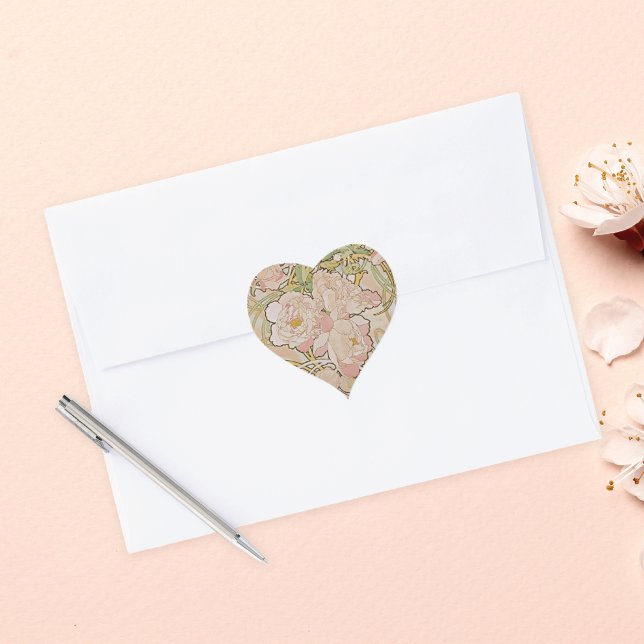 Sticker Cœur Peonies roses Floral Alphonse Mucha (Créateur téléchargé)