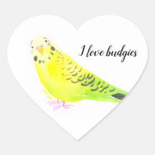 Sticker Cœur  Perruche Bouddhique Aquarelle Jaune Vert