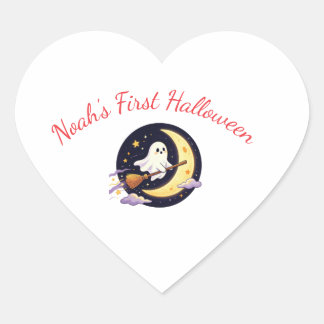 Sticker Cœur Petit Fantôme Mignon Volant sur Balai avec Croissa