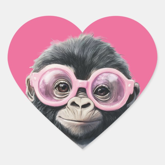 Sticker Cœur Petit Gorilla Arrière - plan rose doux (Devant)