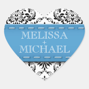 Sticker Cœur Phoques d'enveloppe carrée en bleu Mariage damassé