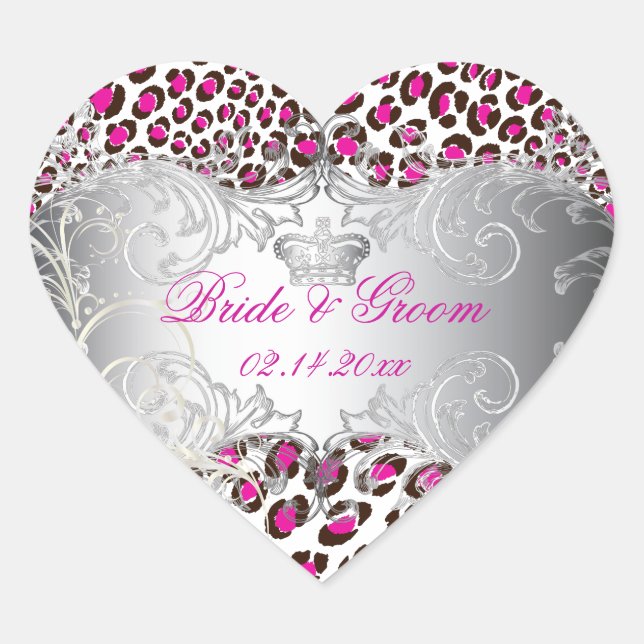 Sticker Cœur PixDezines Leopard+perles tourbillons/magenta (Devant)