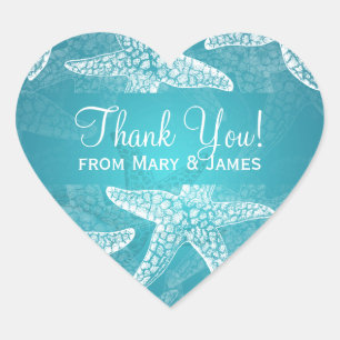 Sticker Cœur Plage Mariage Merci Starfish Blue