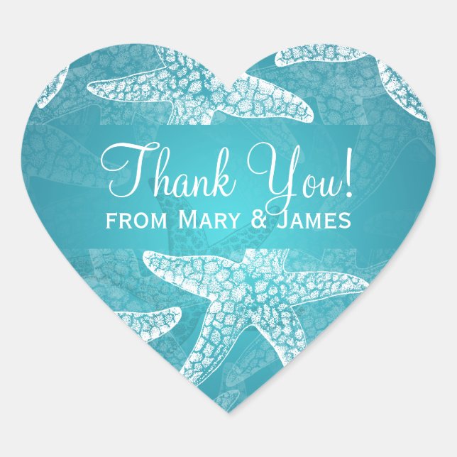 Sticker Cœur Plage Mariage Merci Starfish Blue (Devant)