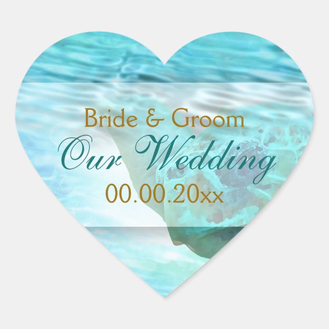 Sticker Cœur Plage thème tortue mariage PERSONNALISER (Devant)