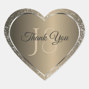 Sticker Cœur Platine Beige avec Paillettes et Initiales Merci
