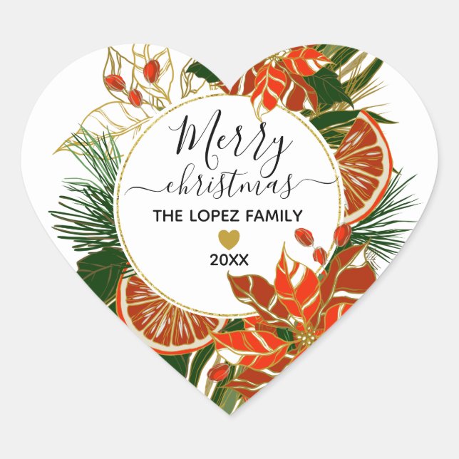 Sticker Cœur Poinsettia Citrus Gold Winter Joyeux Noël (Devant)