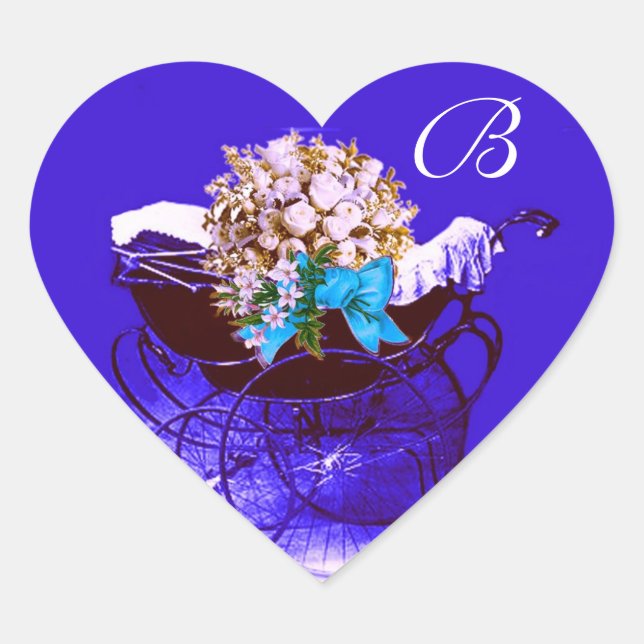 Sticker Cœur PRAM vintage, FLEURS BABY SHOWER MONOGRAM DU COEUR (Devant)