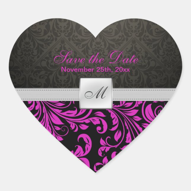 Sticker Cœur Purple Damask Monogramme Enregistrer les autocolla (Devant)