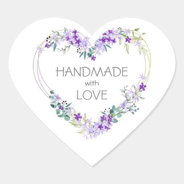 Sticker Cœur Purple Handmade with Love Quote Floral Heart (Devant)