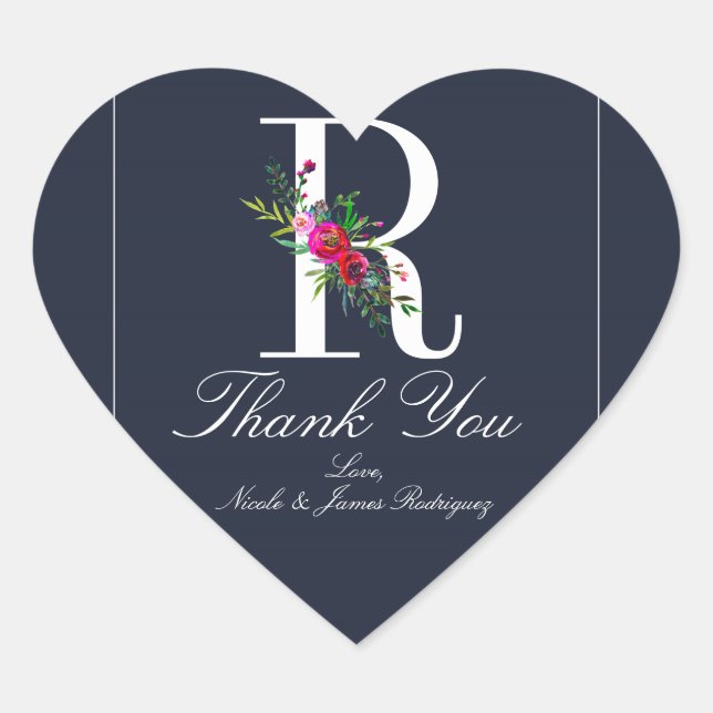 Sticker Cœur R Monogramme Dernier initial bleu Floral Mariage (Devant)