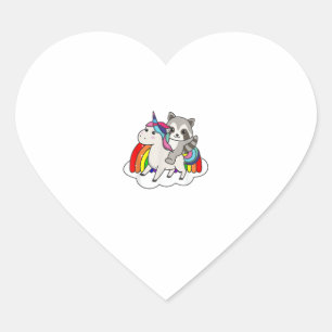 Sticker Cœur Raton laveur sur licorne animaux arc-en-ciel doux