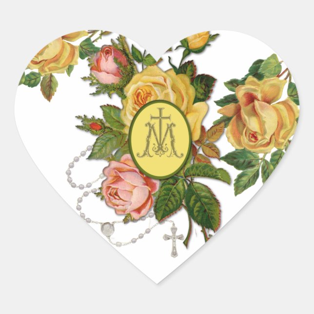 Sticker Cœur Religieux Saint Rosaire Roses Jaunes Croix mariale (Devant)