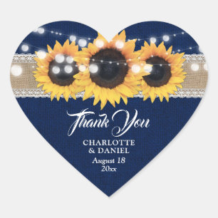 Sticker Cœur Remerciement de mariage tournesol en toile de jute