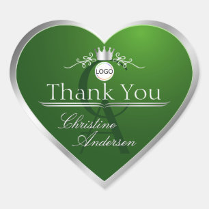Sticker Cœur Remerciement Monogramme de Logo Cadre Argent Vert