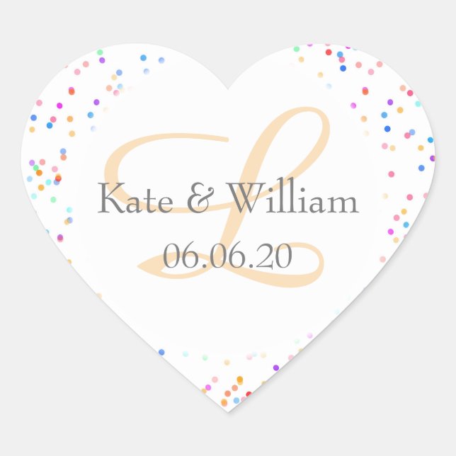 Sticker Cœur Romantique Rainbow Confetti Noms Monogramme (Devant)