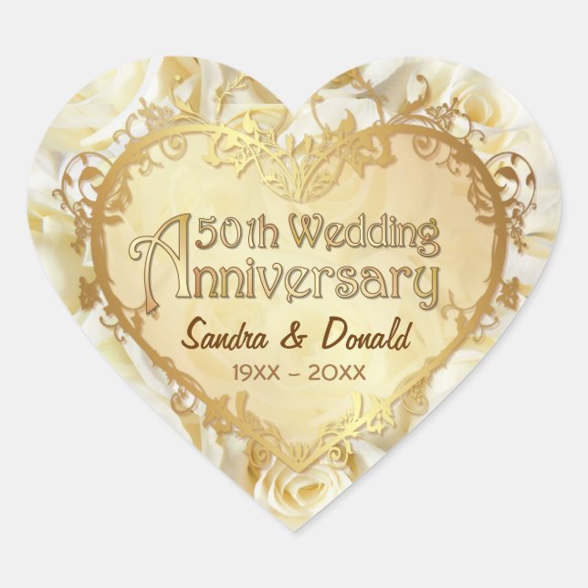 Sticker Cœur Rose blanche 50e anniversaire de Mariage d'or (Devant)