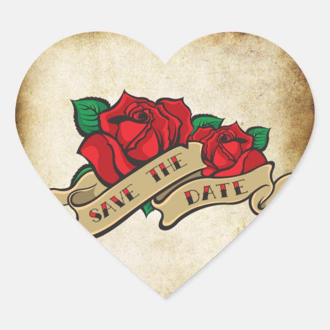 Sticker Cœur Rose de tatouage Rockabilly Enregistrer la date Ma (Devant)
