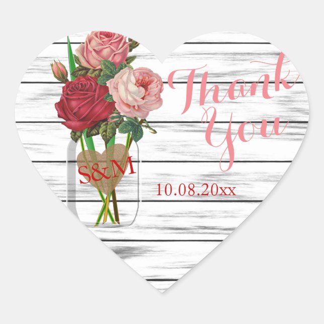Sticker Cœur Rose élégant Mason Jar - Merci (Devant)