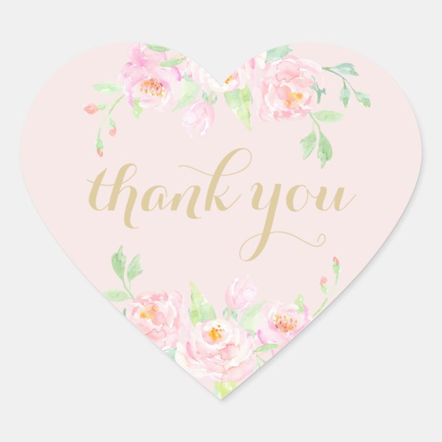 Sticker Cœur Rose Florale Aquarelle Rose Clair Merci (Devant)