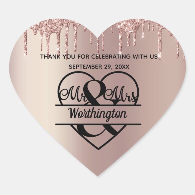 Sticker Cœur Rose Gold M. et Mme Heart Wedding Favors (Devant)