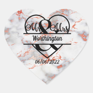 Sticker Cœur Rose Gold Marble M. et Mme Cœur Mariage 