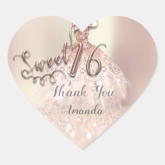 Sticker Cœur Rose Gold Sweet 16th Princess Heart Merci robe (Devant)