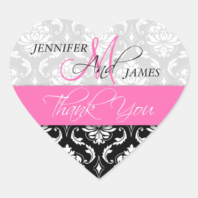 Sticker Coeur Rose, Mariage damassé Noir Favoriser (Devant)