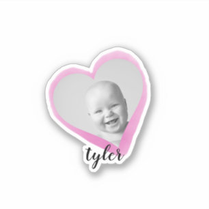 Sticker Coeur rose Nom photo personnalisé Aquarelle