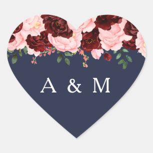 Sticker Cœur Rose rose Bourgogne Floral Navy Mariage bleu