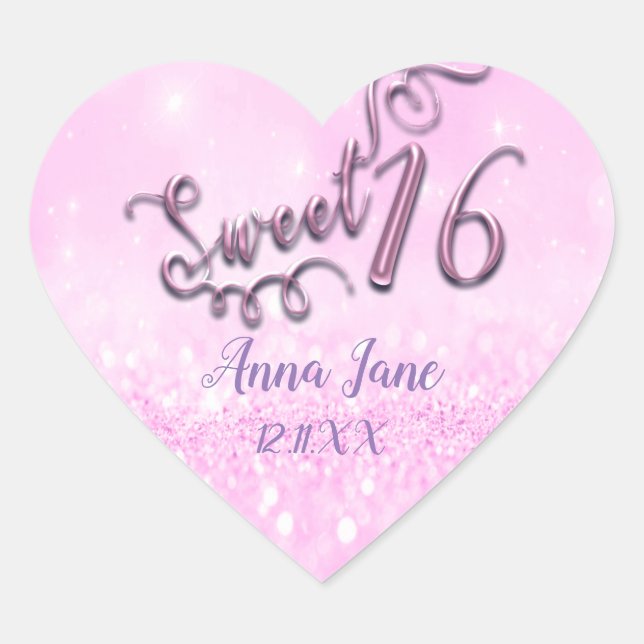 Sticker Cœur Rose rose sucré 16e coeur nuptiale Nom Date (Devant)