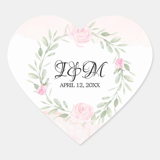Sticker Cœur Roses d'aquarelle rose pâle Mariage monogramme (Devant)