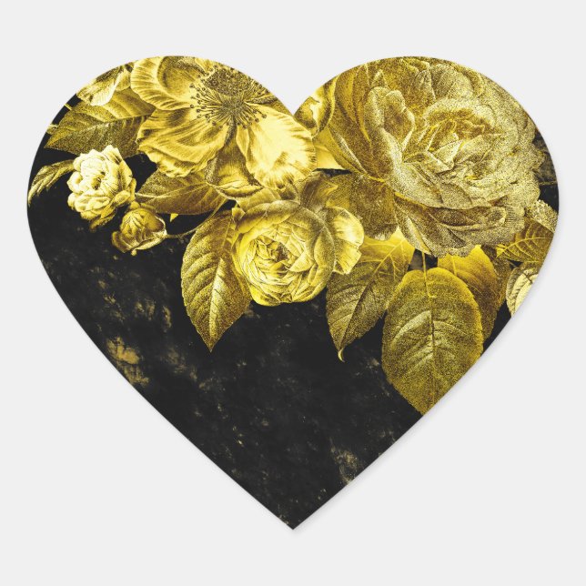 Sticker Cœur Roses d'or et marbre noir (Devant)