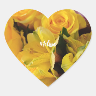 Sticker Cœur Roses jaunes personnalisées romantique florale
