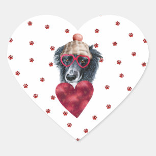 Sticker Cœur Roses Pattes Rouges Collie Border Chien Saint Vale