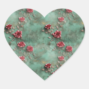 Sticker Cœur Roses rouges vertes