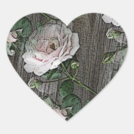 Sticker Cœur Roses sur bois Patiné