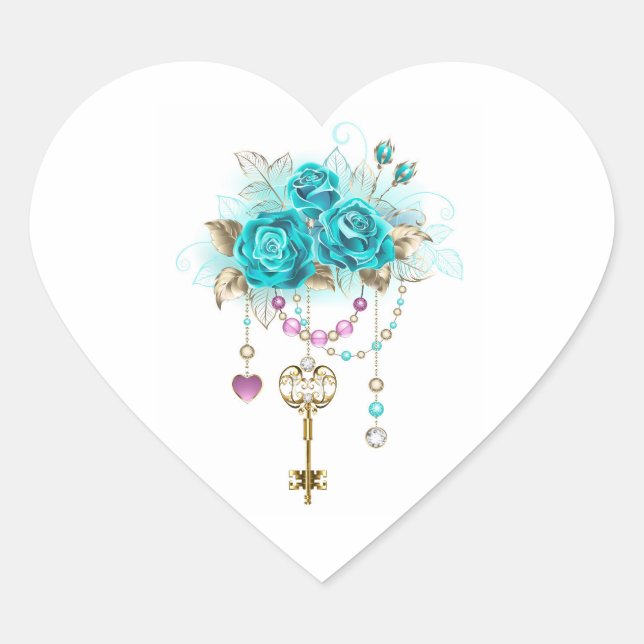 Sticker Cœur Roses turquoise avec touches (Devant)