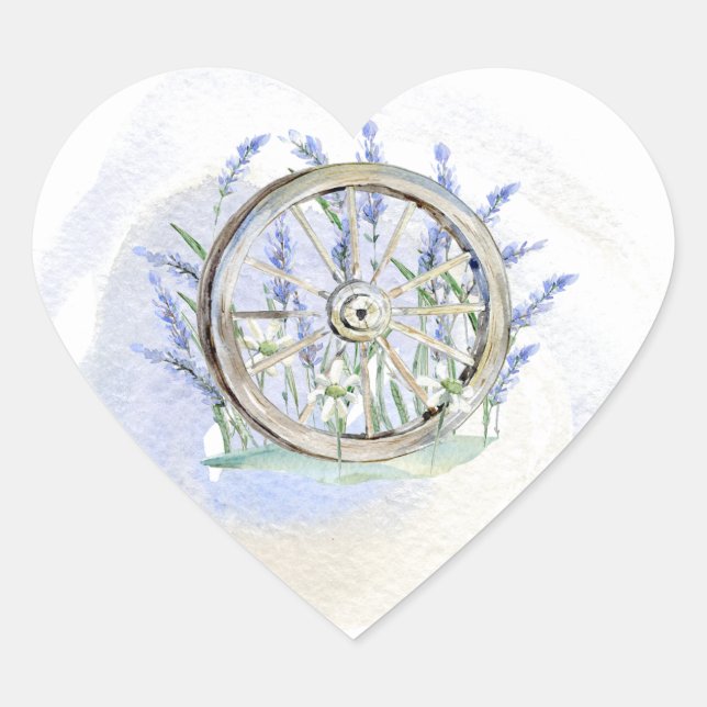 Sticker Cœur Roue en Wagon Bleu Rustique Roue Floral (Devant)