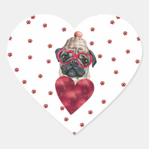 Sticker Cœur Rouge Rose Pattes Cœur Pug Chien Saint-Valentin