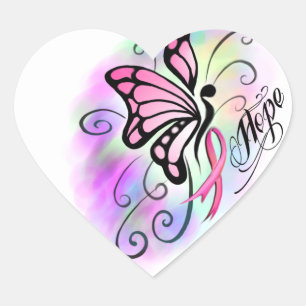 Sticker Cœur ruban de cancer du sein rose papillon aquarelle