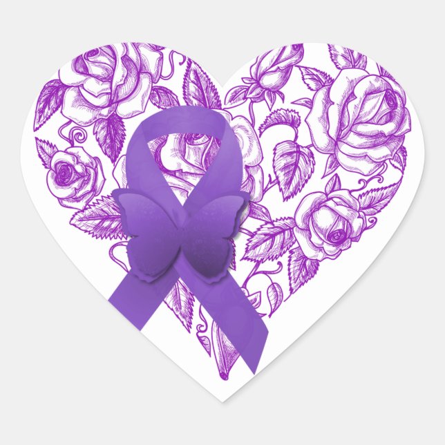 Sticker Cœur Ruban de sensibilisation au violet avec Roses (Devant)