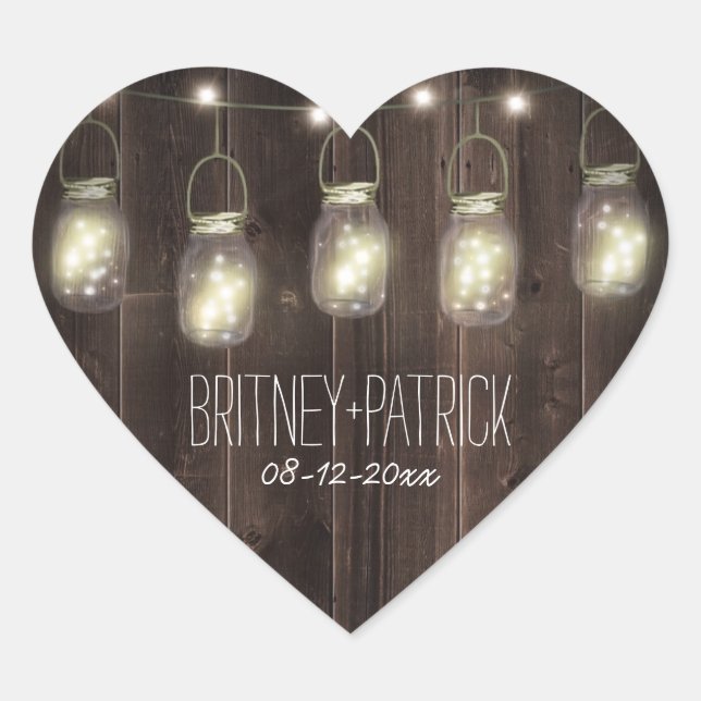 Sticker Cœur Rustique Grange Bois Mason Jar Mariage Faveurs (Devant)