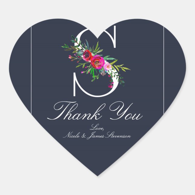 Sticker Cœur S Monogramme Dernier initial bleu Floral Mariage (Devant)