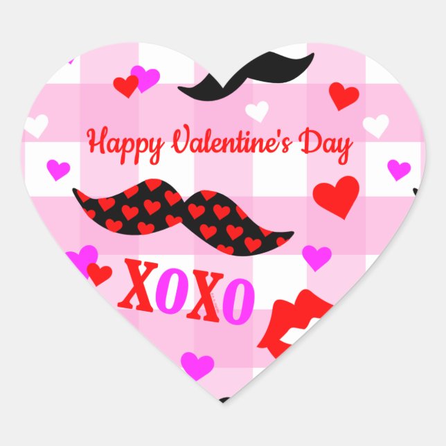 Sticker Cœur Saint Valentin Moustaches Amour et Baisers (Devant)